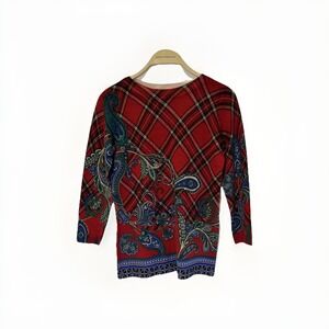Talbots Petite Red Plaid Paisley Merino Wool Sweater Top 3/4 Sleeve Size P